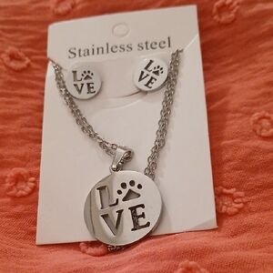 Silver LOVE  PAW Pendant Necklace and Earrings Set